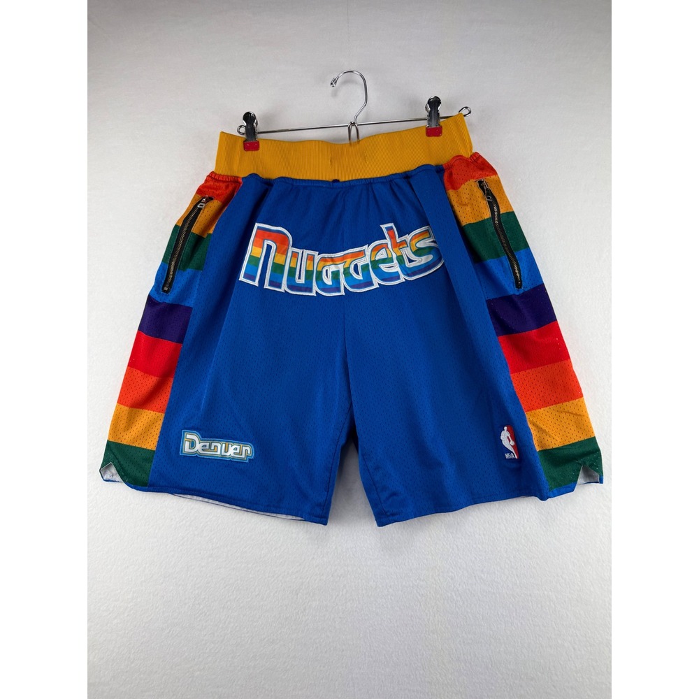 NBA Denver Nuggets Mens Basketball Shorts Blue‎ Rainbow Mesh Zipper Pockets L